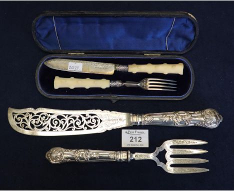 Cased silver bladed presentation knife and fork set, Birmingham hallmarks. Together with a good pair of Victorian silver fish