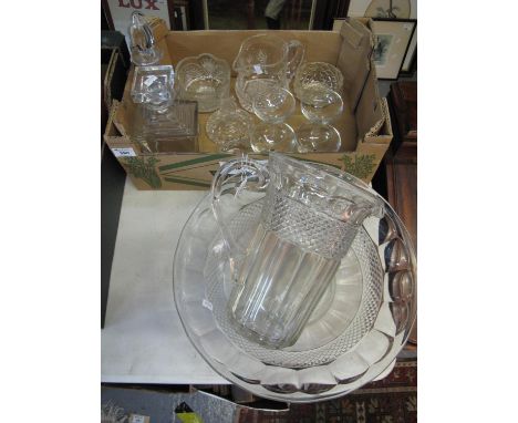 Collection of glass to include; large jug and basin set, Art Deco design decanter and stopper, mallet shaped decanter and sto