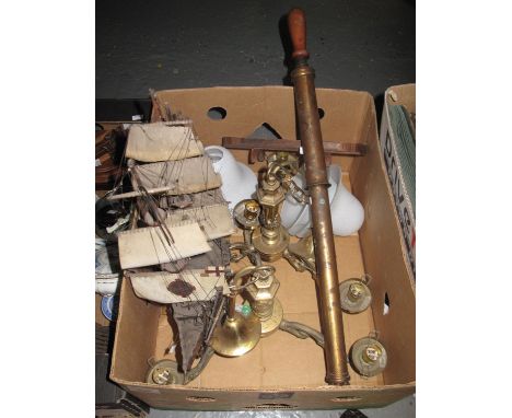 Collection of items to include; vintage garden sprayer, model study of a ship, brass ceiling lights with fittings. (B.P. 21% 