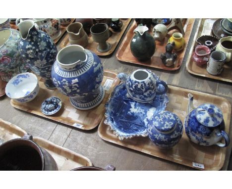 Two trays of oriental and other pottery and porcelain items to include; 19th Century Chinese prunus blossom baluster vase wit