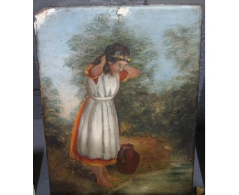 W. Ash (19th Century), portrait of a young girl washing her hair by a river, indistinctly titled, oils on lacquered panel. 30