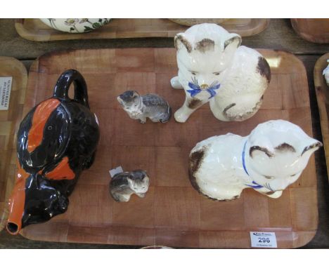 Tray of ceramic cats to include; Crown ware teapot (chip to the lid), Staffordshire style seated fireside cats with bows etc.