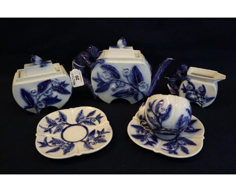 Victorian George Jones Majolica monkey part teaset comprising; teapot, milk jug, lidded sucrier, two saucers and a cup. Victo