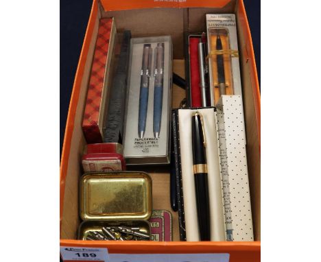 Box of assorted writing instruments, mostly in their original boxes to include; Papermate Talisman pen, Papermate double stai