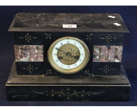 Late 19th Century black slate and marble architectural two train mantel clock, with brass drum movement, striking on one gong