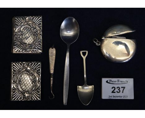 Assorted items of silver including; circular cushion shaped vesta case and small repousse silver mounted notebook, together w