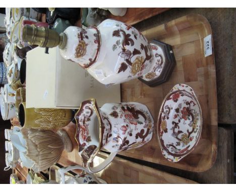 Three Mason's 'Brown Velvet' items to include; pouch shaped dresser jug, oval bowl and lamp base. Together with a boxed Mason