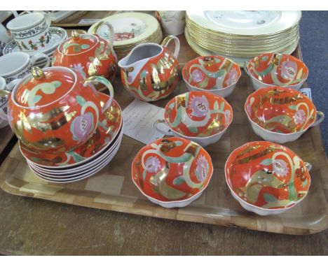 16 piece vintage Russian porcelain 'Dulevo' teaset, golden deer pattern 22K porcelain to include; 6 cups, 6 saucers, bullet s