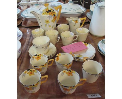 Tray comprising Crown Ducal 'Sunburst' part coffee set and other Crown Ducal coffee cans and saucers. (B.P. 21% + VAT) Teapot