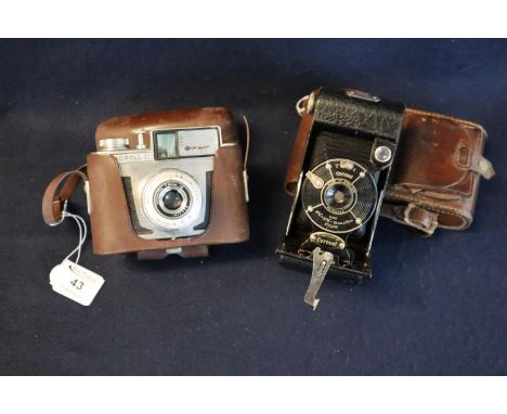 Kodak T1 Coronet folding bellows type camera in leather case, together with a Koroll II viewfinder camera in everready case. 