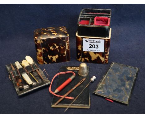 18th/early 19th Century tortoiseshell ladies work box with slide over cover revealing fitted interior containing various moth