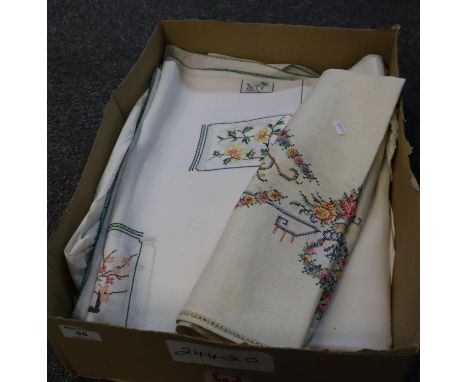 Box of vintage textiles to include; embroidered table linen, crochet table linen and cushion covers, cotton christening gown 