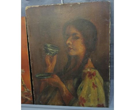British School (20th Century), portrait of a young woman drinking tea, oils on board. (B.P. 21% + VAT) Unframed, has losses a