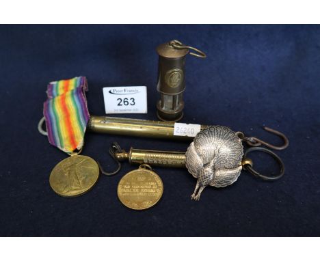 First World War Victory Medal awarded to Corporal A.O Griffiths Army Service Corps, two brass spring balance scales in grams,