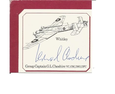 Grp Capt Leonard Cheshire VC signed 3 x 3 picture of his WW2 Whitley aircraft cut from larger DM Medal Victoria Cross cover. 