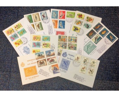 San Marino FDC collection, 9 attractive FDCs 1960/70s superb stamps includes Aviation, Fish, Olympics, Birds, Flowers, Disney