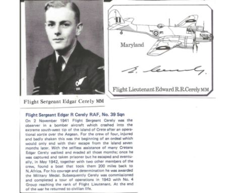 Flt Lt Edward Cerely MM signed 3 x 3 picture of his WW2 Maryland plane, clipped from larger DM Medal cover with biography and