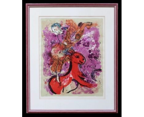 Farblithographie - nach Marc Chagall (1887-1985) "L'écuyére au cheval rouge", unsigniert, Maße Darstellung ca. 50x39 cm, Pass