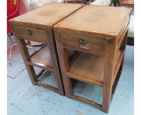 LAMP TABLES, a pair, Chinese elm and rattan, each with frieze drawer and undertier, 43cm W x 60cm D x 75cm H. (2)