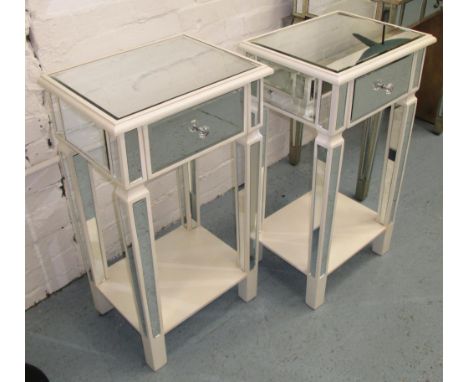 SIDE TABLES, a pair, mirrored with drawer and shelf below on square supports, 42cm x 32cm x 74cm H. (2)