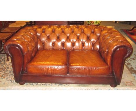 CHESTERFIELD SOFA, vintage soft faded tan brown leather with deep button upholstered back and arms and two seat cushions, 163