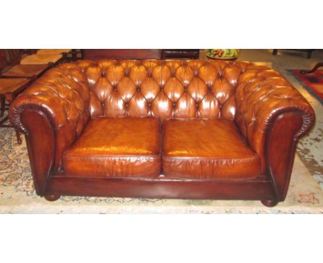 CHESTERFIELD SOFA, vintage soft faded tan brown leather with deep button upholstered back and arms and two seat cushions, 163