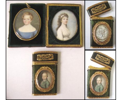 FRENCH DANCE CARD HOLDER, early 19th century shagreen with gold mounts inset figurative miniature and hair monogram, 9cm H x 