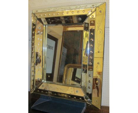 VENETIAN STYLE MIRROR, rectangular etched mirror with cushion shaped marginal plates, 97cm H x 81cm.