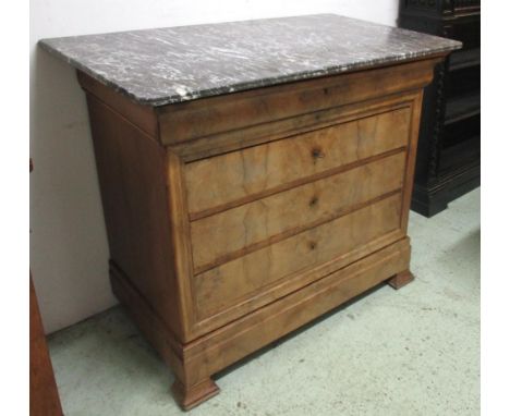 COMMODE, Louis Philippe faded burr walnut with a grey marble top over a shaped frieze drawer, and four others, 130cm W x 99.5