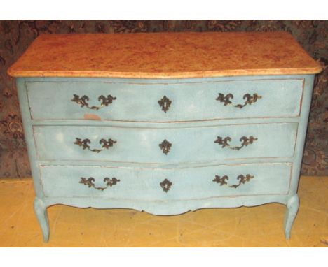 COMMODE, Louis XV style of serpentine form, the faux marble top on a sky blue painted base and three long drawers, 120cm x 59
