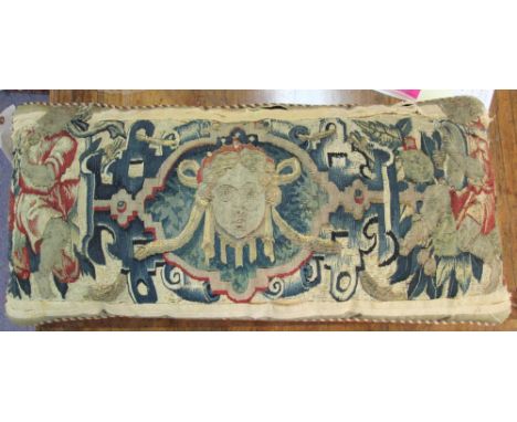 ANTIQUE BRUSSELS TAPESTRY CUSHION, 84cm x 40cm, swagged mask flanked by kneeling minstrels. 