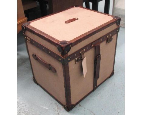 TRUNK, in Hessian with leather edging straps, 56cm x 46cm x 56cm H. (with faults)