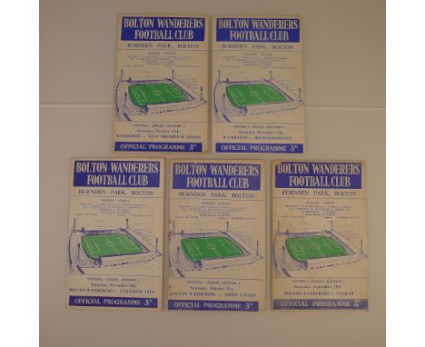 5 x Bolton Wanderers 1959-60 Season football programmes, Vs Leicester City Nov 28 1959, Vs Birmingham City Dec 12 1959, Vs We