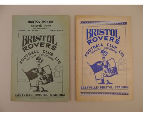 2 x Bristol Rovers 1950-51 football programmes, Vs Shrewsbury Town Aug 25 1951, Vs Bristol City Dec 30 1950 with staple caref