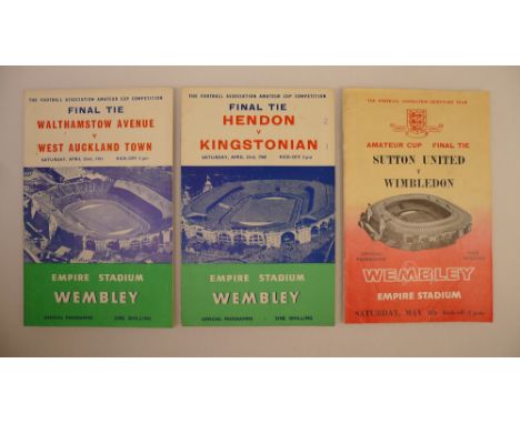 3 x FA Amateur Cup 1960 to 1963 Final programmes comprising 1 x Hendon Vs Kingstonian April 23 1960 Final, 1 x Walthamstow Av