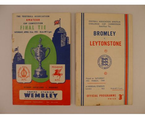 2 x FA Amateur Cup 1949 and 1951 programmes comprising 1 x Bishops Auckland Vs Pegasus April 21 1951 Final at Empire Stadium 