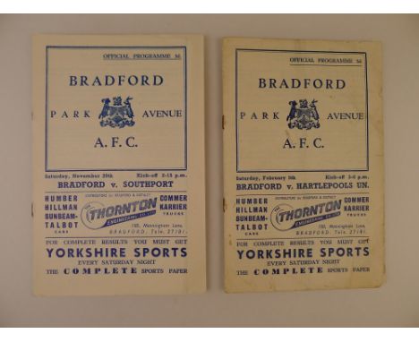 2 x Bradford Park Avenue 1954-55 Season football programmes, Vs Hartlepool United Feb 5 1955 and Vs Southport Nov 20 1954, st