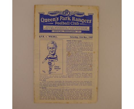 1 x Queens Park Rangers 1947-48 Season League Division 3 football programme, Vs Walsall Nov 15 1947, has feint horizontal fol