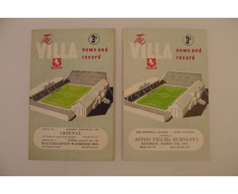 2 x Aston Villa 1951-52 football programmes, Vs Burnley Mar 17 1951 and Vs Arsenal Aug 23 1952, both in good condition. May s