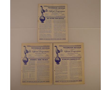 3 x Tottenham Hotspur 1955 football programmes, Vs Manchester City Mar 5, Vs Arsenal Sept 10 and Vs Sheffield United Mar 19, 