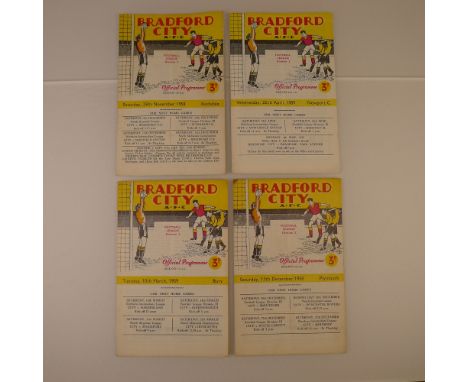 4 x Bradford City 1958-59 football programmes,Vs Newport County Apr 22 1959, Vs Plymouth Argyle Dec 13 1958, Vs Bury Mar 10 1