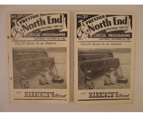 2 x Preston North End 1952-53 Season football programmes, Vs Tottenham Hotspur Oct 4 1952 and Vs West Bromwich Albion Sept 6 