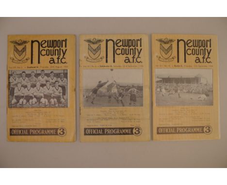 3 x Newport County 1956-57 Season football programmes, Vs Exeter City Sept 13 1956, Vs Colchester United Sept 22 1956 and Vs 