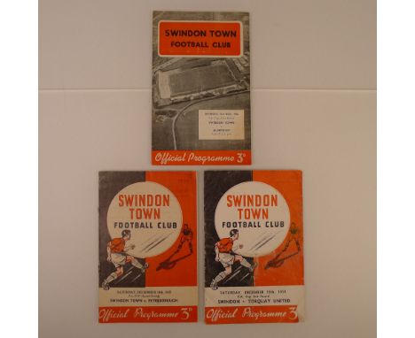 3 x Swindon Town 1950s FA cup football programmes, Vs Torquay United Dec 15 1951, Vs Peterborough Dec 10 1955 and Vs Aldersho