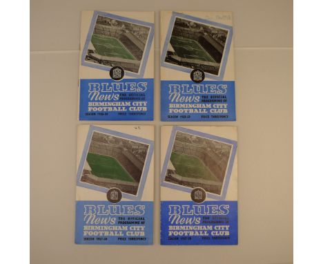 4 x Birmingham City 1958 football programmes, Vs Burnley Jan 18, Vs Leeds United Apr 12, Vs Nottingham Forest Oct 18 and Vs L