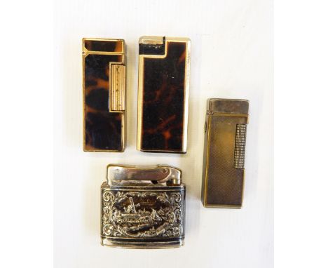 Dunhill silver plated pocket lighter of rectangular engine-turned form, a Dunhill gilt metal and simulated tortoiseshell pock