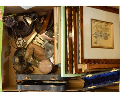 Various framed fashion prints, a 1930's photograph frame with a vintage postcard from America and assorted collectables (1 bo