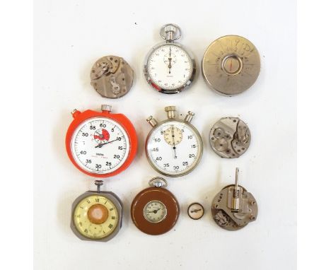 Three stopwatches, a Shelton brown enamel metal pocket watch and sundry watch parts 
