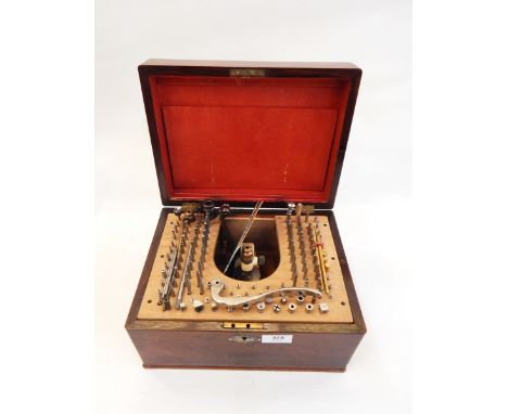 Watchmaker's staking tool with accessories, all fitted in Victorian mother-of-pearl inlaid box, with G Boley instructions 