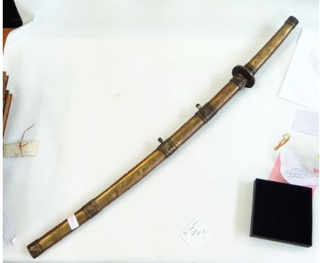 Japanese Katana, the curved blade marked 19332 to the brass fittings, with copper and brass hilt, tsuba and scabbard decorate